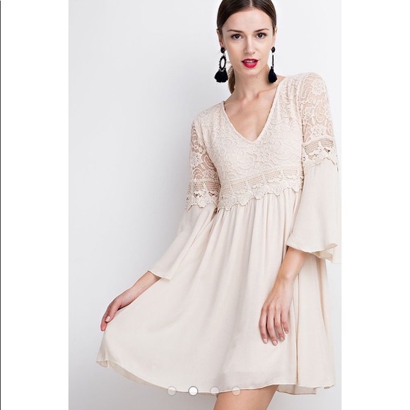 Dresses & Skirts - Taupe Textured Lace Bell Sleeve Dress